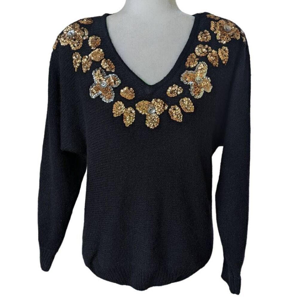 Vintage 80s 90s Sequin Embellished Silk Knit Sweater Pullover V Neck Pads Size M